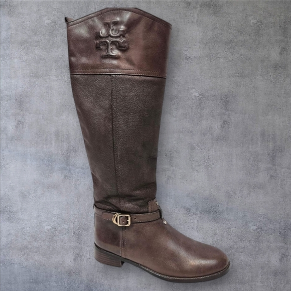 Tory Burch Simone Brown Leather Stitched Logo Tall Riding Boots Size 7.5 Women's - Picture 1 of 16